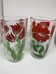 Vtg Hazel Atlas 1/2 pint glasses red flowers, lot of 2