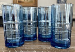 4-Anchor Hocking Tartan Blue Heavy Tumbler Glasses 6″ Tall *EUC