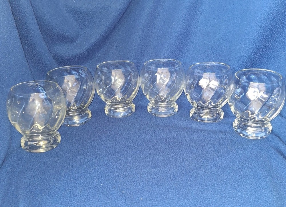 Set of 6 Vintage Clear Optic Swirl Footed Glasses Lowball Cocktail Tumblers 3.5″