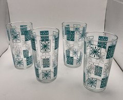 Vintage Turquoise Starburst Glasses 5⅛» Tall Set Of 4 Holds 12 Oz