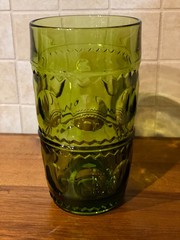 Vintage 1960s Indiana Glass Kings Crown Thumbprint Tumbler Avocado Green MCM