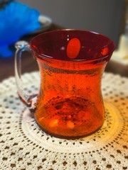 Vintage Pilgrim Glass Orange W/ Clear Glass Handle 4 inches Tall 3.5 inches wide