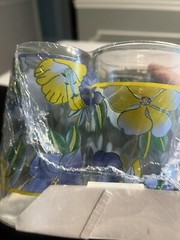 Blue Green Yellow Flowers Floral Drinking Glasses Set of 6 Vtg