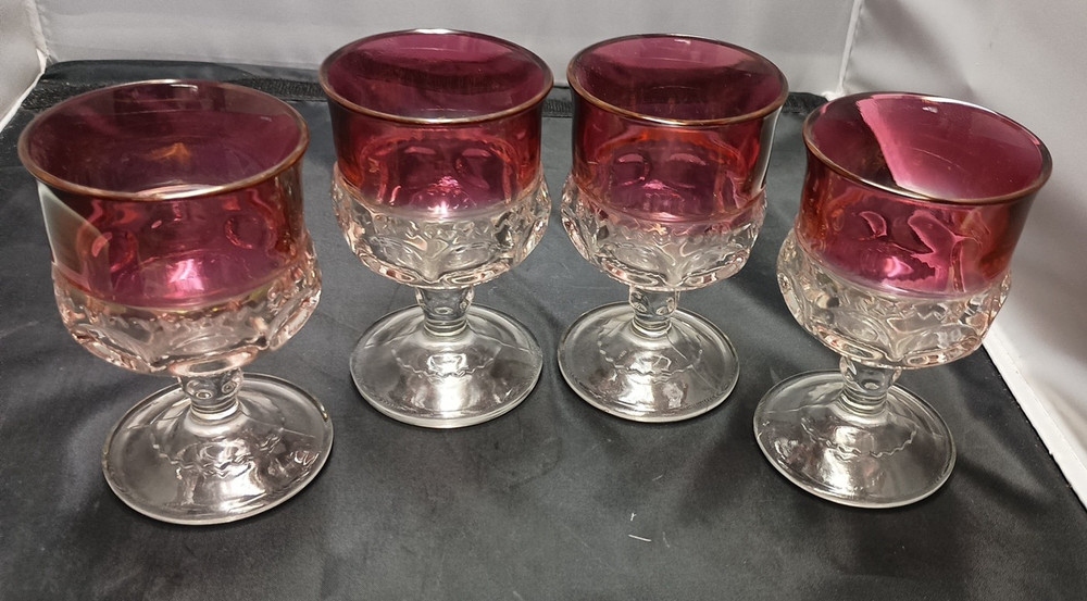 Set 4 INDIANA GLASS Kings Crown Red Flashed Juice Goblets 3oz 4 1/4″h x 2 1/2″d