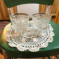 Set of 2 Clear Cut Glass Footed Goblets, Round Pedestal Cups