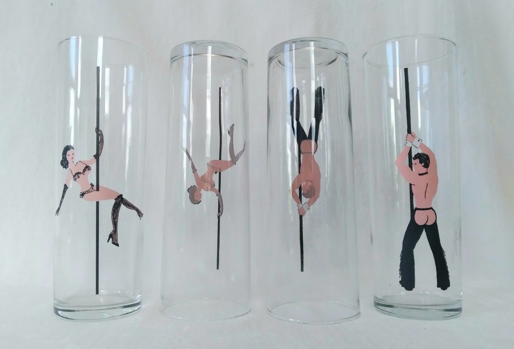 Set 4 MCM Libbey Risque Highball Glasses Tiny Pole Dancers 2 Gals 2 Guys Rare