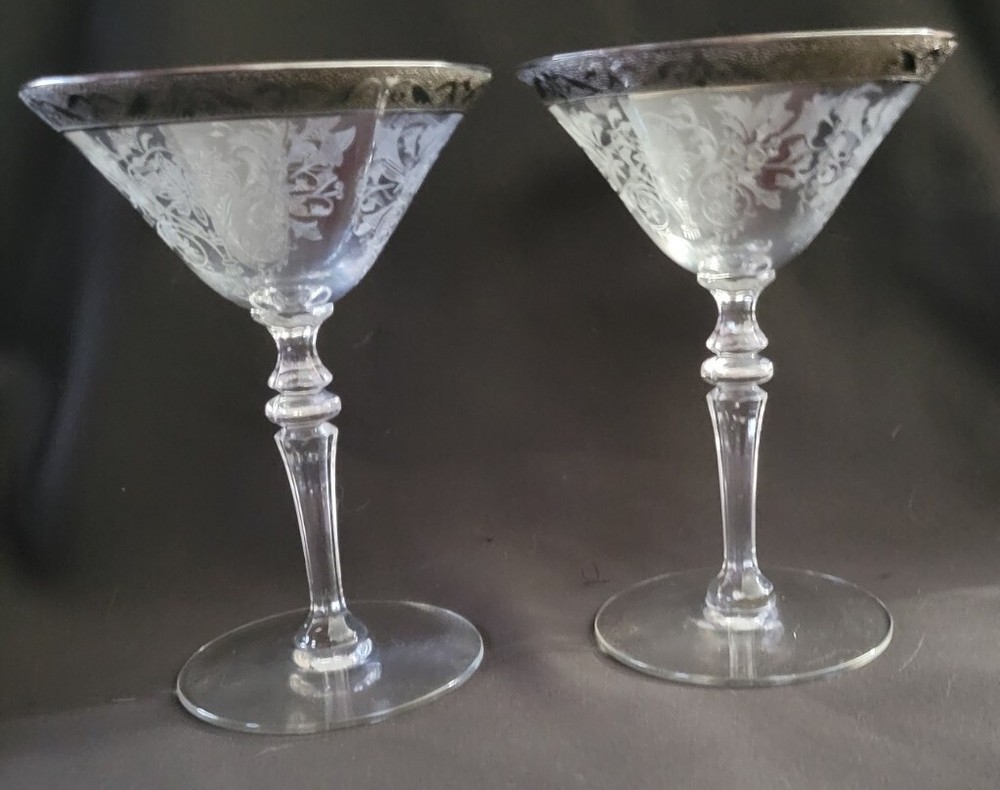 Vintage Silver Rim Etched Stemware Set of 2 Champage Glasses Beautiful~ Delicate