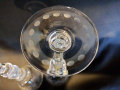 Set of 2 Vintage Etched Blown Glass Tall Stem Cordials Vertical Cuts Swags Dots