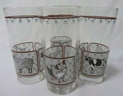 VINTAGE LIBBEY ICE TEA WATER DRINKING GLASSES FARM COW CHICKEN LAMB SET OF 4