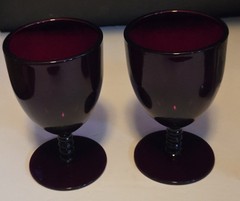 Vintage Ruby Red Water Goblets / Wine Glasses Set of 2 Stacked Ring Stem 5.5″