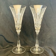 Oscar de la Renta Set 2 Signed Crystal Champagne Flute Glasses