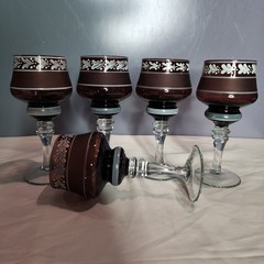 RARE Stryi Glass Factory USSR Amethyst Hand Painted Wine Glasses Set 5 1970