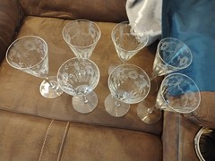 Set Of 7 Glastonbury Lotus 66-1 Water Goblet Mixed Cut Crystal Floral/Dots
