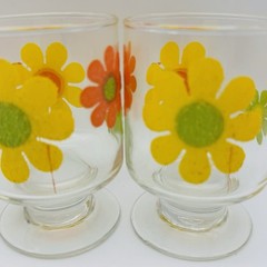 LIBBEY Stickers Flower Power Juice Glass Footed Tumblers 6oz MCM Retro Set~4