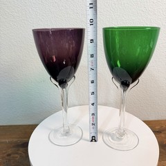 MURANO Tulip Based Wine Glasses Purple & Green Clear Ribbed Stem Goblets Set 2