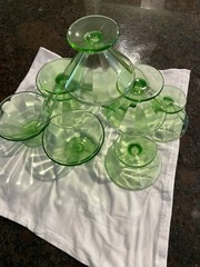 Unmarked Green Uranium Glass Champagne Coupe Dessert Cups Set of 9