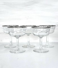 Crystal Champagne Coupes D’arques Laurel Etching, Platinum Rims, France,Set of 5