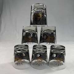 Fred Press Mid-Century Black and Gold Atomic Burst Set Of 6 Glasses