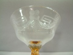 Pair of Antique Amber Twist Stem Etched Clear Champagne Glasses HTF LOOK!