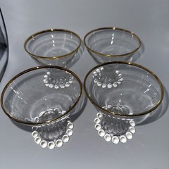 Boopie CANDLEWICK Sherbet /Dessert Gold Rim Glasses Set of 4 Beaded Base. 3.5”