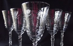 6 VINTAGE ROCK SHARPE «ARCTIC ROSE» ETCHED CRYSTAL WATER GOBLETS 7-7/8″ T