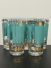 Retro Fred Press Signed Highball Glasses Green and Gold Vintage Used