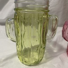 Glasses Mason Style Jars Retro Set 2 Cactus Shaped Green and Pink Glass no lids