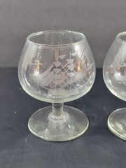 Set of 2 Toscany Clipper Ship Etched Cut Glass Brandy Snifters 4″