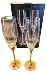 Set of 2 Champagne Flutes Enamel Rose Jewel Romantic Wedding Toasting Glasses