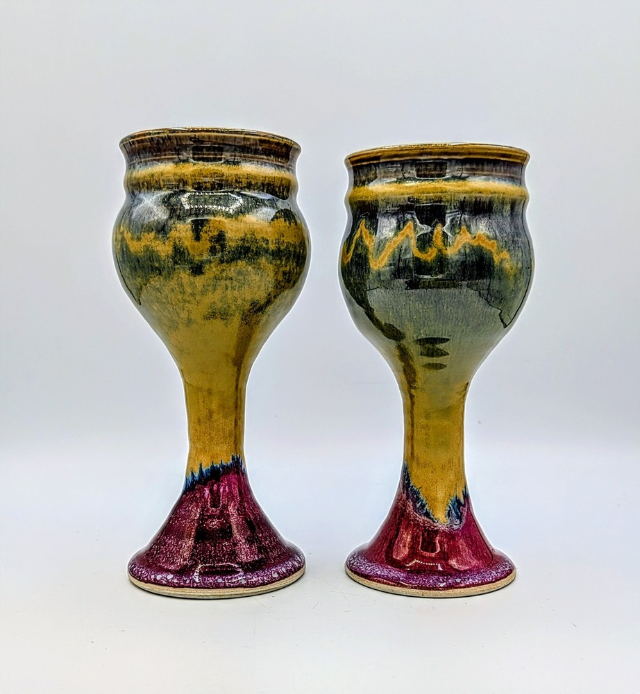 Pair of 7″ Studio Art Pottery Goblets Handcrafted Stoneware Drip Glaze