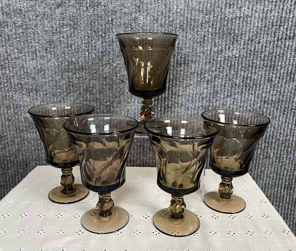 Fostoria Jamestown Brown Water Goblet 5 7/8 in Tall- Discontinued- 5 glasses