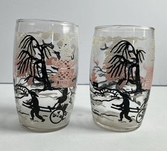 Set 2 Vintage MCM Drinking Glasses Asian Cherry Blossom Pink Pagoda Bar Ware 4″