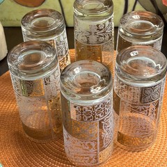 22K Glamor Gold Block Raised Pattern Highball Tumbler Glasses MCM Vintage