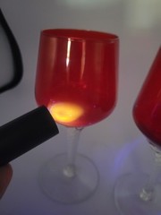 2 Vintage Saski Ruby Red 6.75″ CORDIAL Wine Glass w/Clear Stem Glows W 365uv
