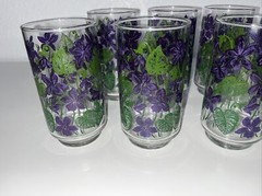 Set Of 8 Libbey Glasses Vintage Tumblers Purple Violet Flowers Green Leaves – 5″