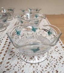 6 Vintage Franciscian Sherbert Glasses with painted Ivy 4 1/2 wide X 2 1/2 tall