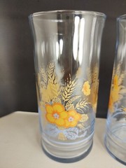 Vintage Libbey Drinking Glasses Blue Tinted Orange Flower Bouquet Set of 3
