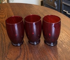 Vintage Set Of 3 Anchor Hocking Glass Ruby Red Footed Tumblers- 12 Ounces