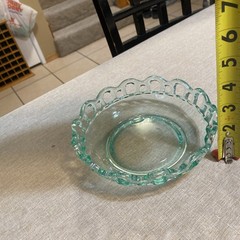 Uranium Glass Lace Edge Apple Green Glass 7” bowl, 2” deep GLOWS Uranium