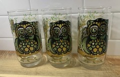 3 Lot VTG Libbey Owl Family Tumblers Stained Glass Look Drinking Glasses Texture