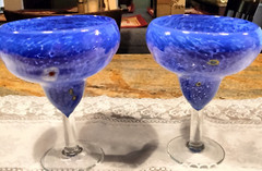 2 Large Hand Blown Blue Margarita Glasses Millefiore Murano Style 20 oz Capacity