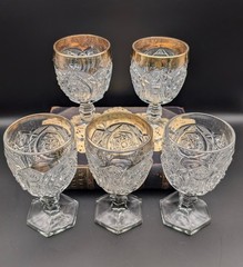 US Glass Comet Pattern Stemmed Goblets Gold Rim Buzz Star Whirligig Set of 5