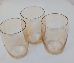 3 Antique Elegant Barware Glasses Peach Luster c1900 Etched Grape Design