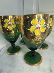 VINTAGE CZECH BOHEMIAN EGERMANN GOLD ENAMEL GREEN ART GLASS GOBLETS