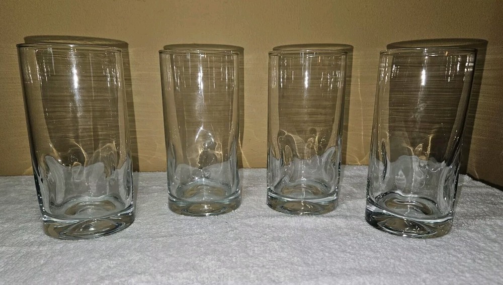 Vtg 4pc Hand Blown Clear Thumbprint Dimple Grasp Glass High Ball Barware