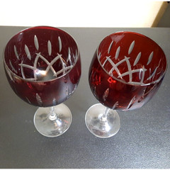 Vintage Bohemian Ruby Red Cut to Clear Globe Crystal Wine Glasses Goblets 2 pc