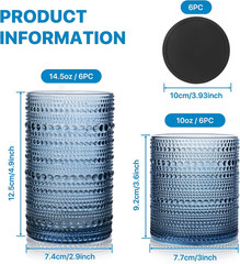 Hobnail Drinking Glasses Set of 12 with Silicone Coasters, Blue, Highball and