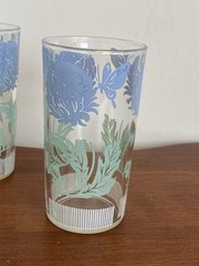 Set Of 6 Juice Glasses Blue Green Butterfly And Clover Flower Vintage 4 3/4” EUC