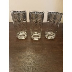 VTG 3 Culver Sorrento Hi-ball Tumblers Silver Lattice Blue Accent Signed Damage