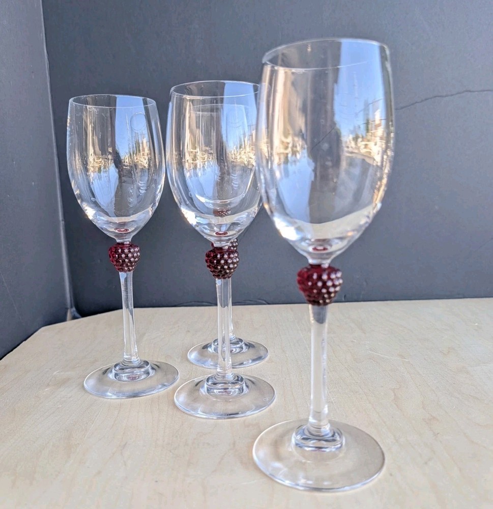 Set of 4 Cristal d’Arques France Wine Glasses Ruby Red Raspberry Stem 8″ 6 oz